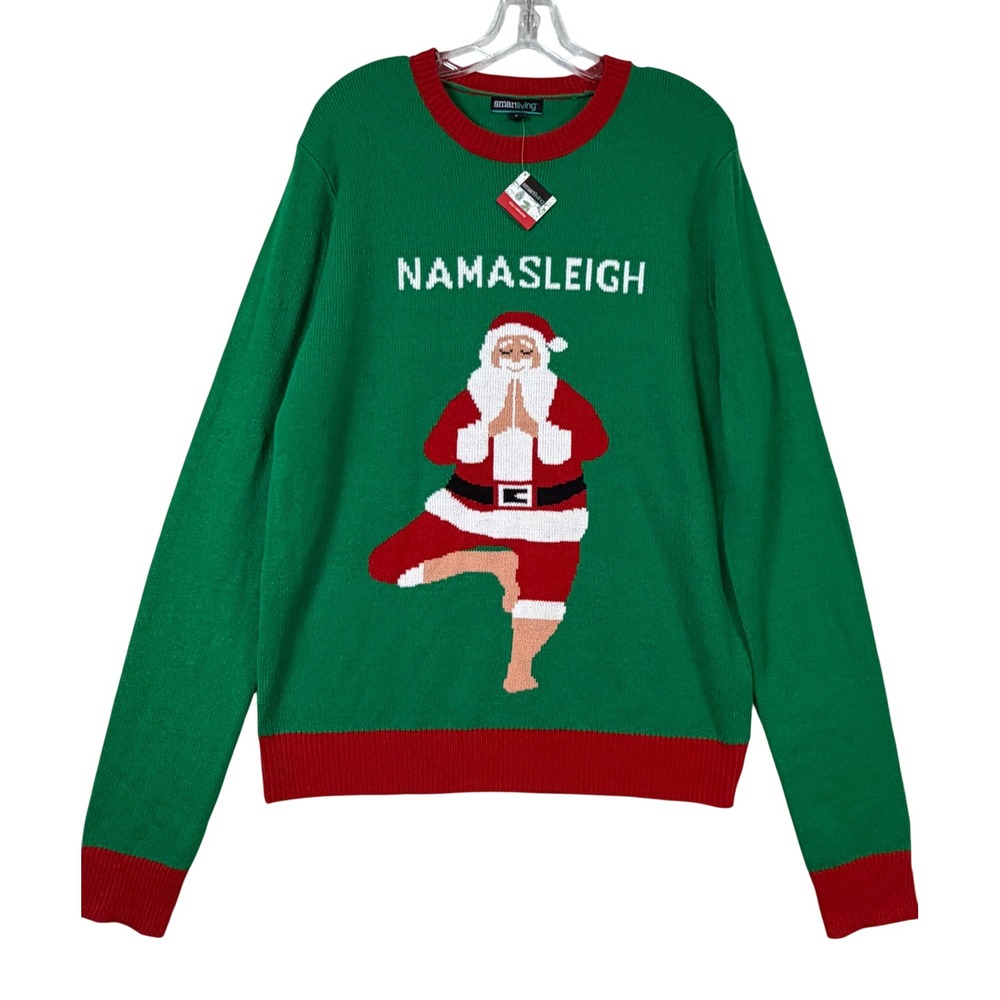NWT Namasleigh Yoga Santa Ugly Christmas Sweater Green Mens Large Kitsch Festive